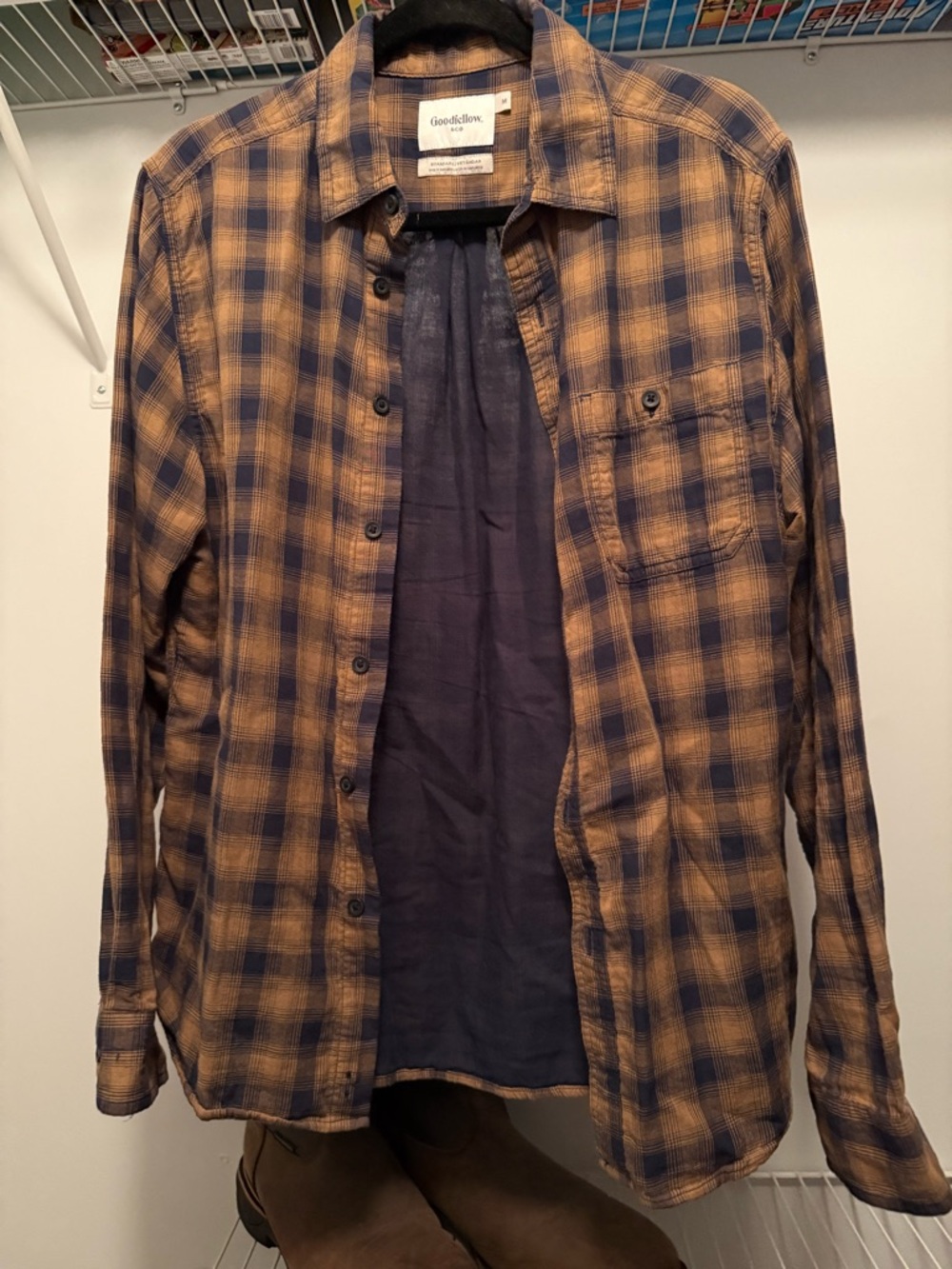 Goodfellow & Co Men's Navy and Brown Plaid Button-Down Shirt